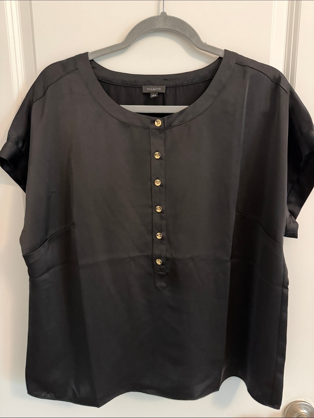 Talbots Black Short-Sleeve Button Placket Silk-Like Blouse